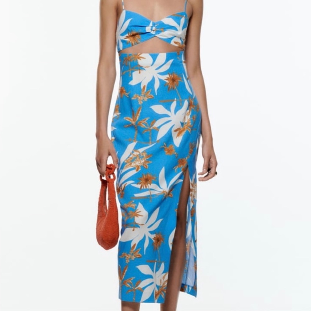 Zara Blue Floral Cut Out Midi Dress